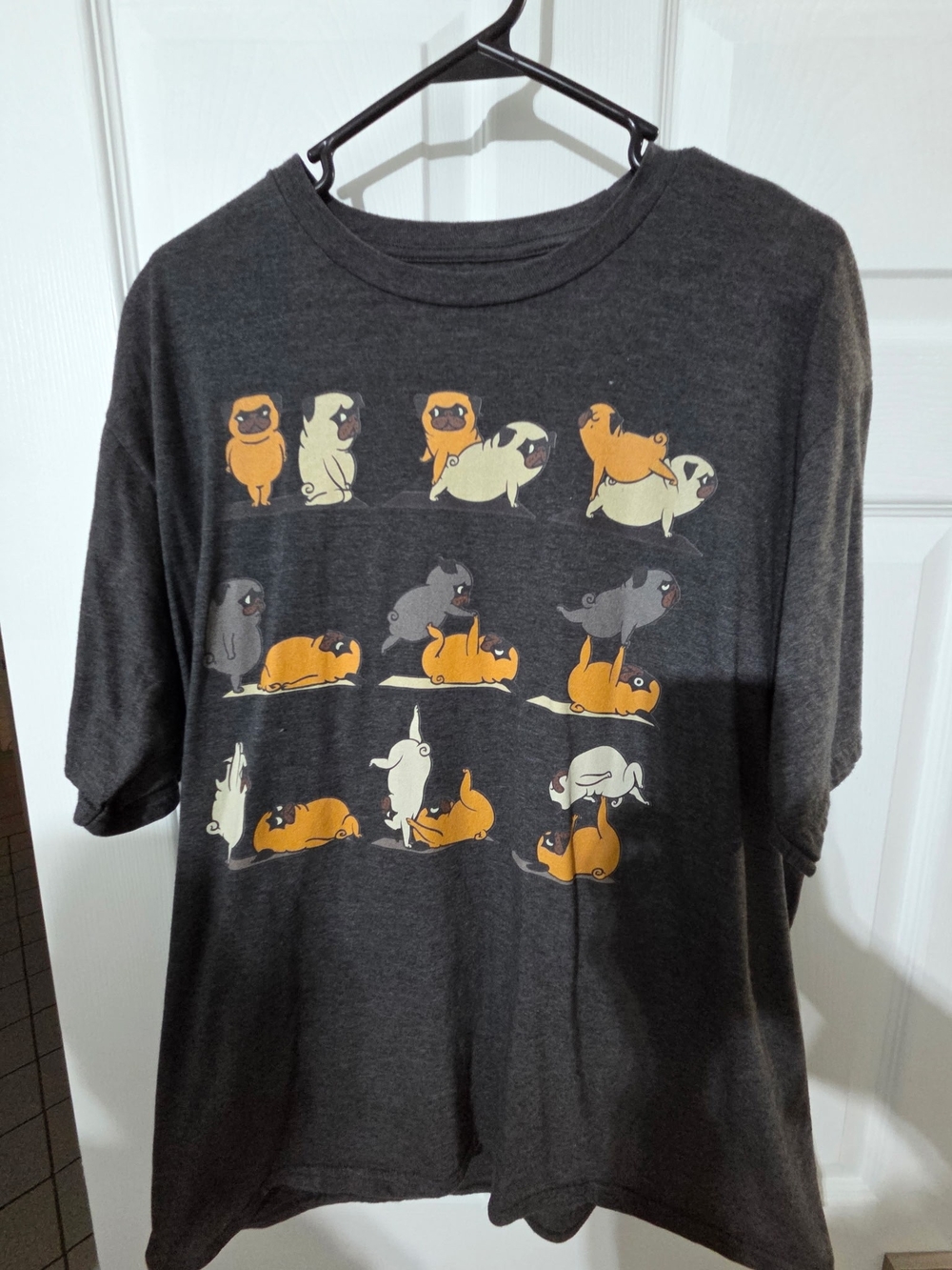 Charcoal Pug Yoga Graphic T-Shirt with Cartoon Pugs, Large Mens